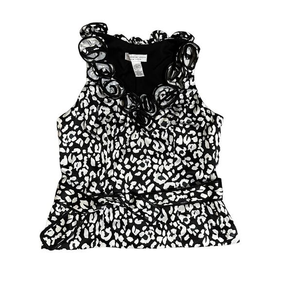 Jackie Jon size 10 Blouse Black & White Satin Rosette Neckline Sleeveless Belted - Picture 3 of 6